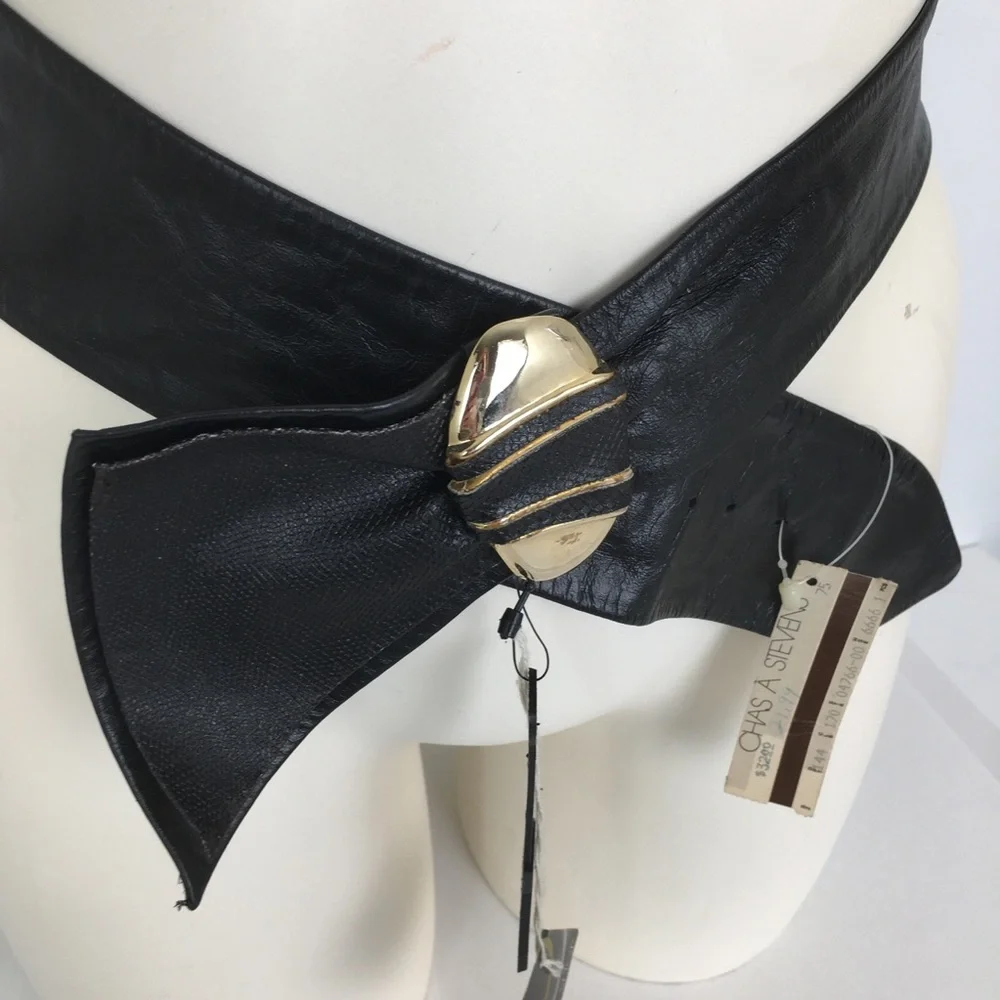 Vintage 80’s Leather Shop Black Soft Genuine Leather Belt NEW Size L Art To Wear